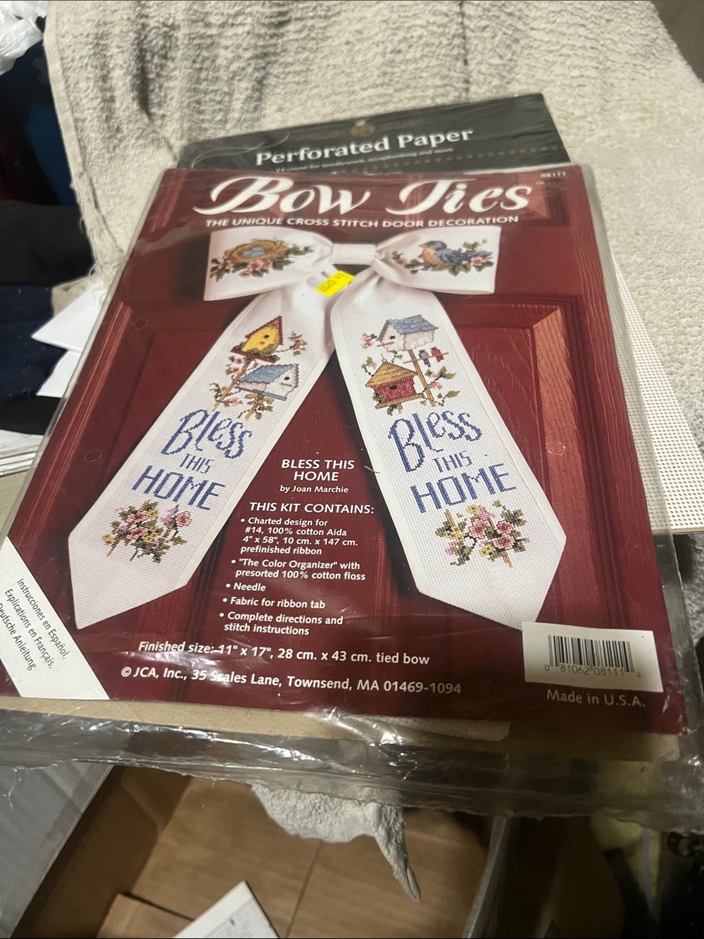 Bow Ties Cross Stitch Door Decoration - "Bless This Home" - White Ribbon